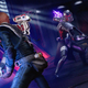 Jedi Knight Cal Kestis stands in front of a large Purge Trooper in black armor wielding an energy staff.